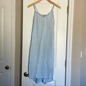 Blue chambray spaghetti strap midi dress